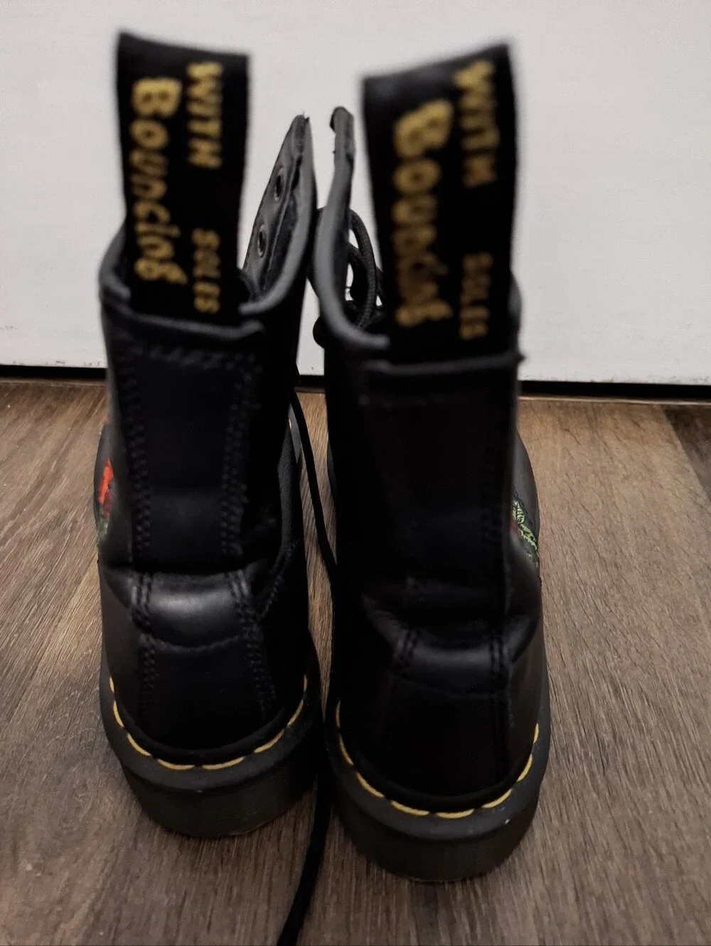 Dr. Martens Black Leather  Lace-Up Boots with Red Rose Embroidery